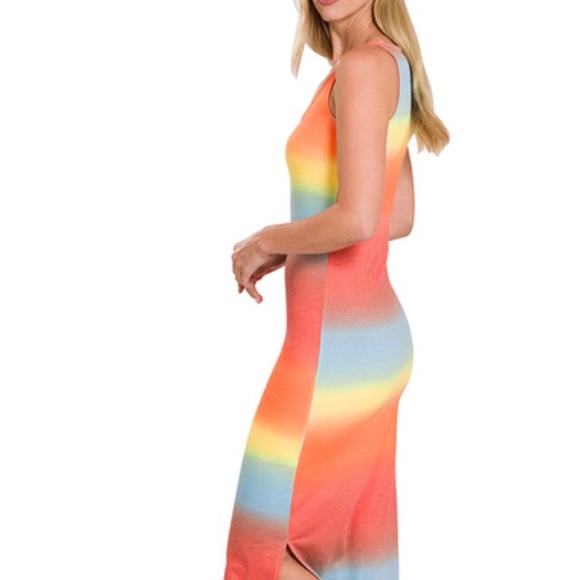 PRINT SCOOP NECK SLEEVELESS MIDI DRESS SIDE SLITS - Picture 3 of 3